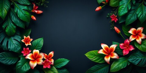 Vibrant tropical blooms & lush leaves create a whimsical frame on a dark, textured backdrop,  leaves,   illustration