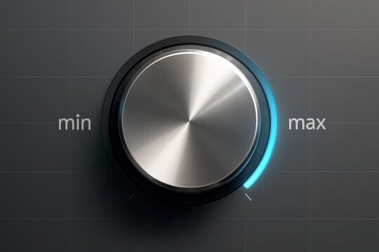 Sleek metallic knob, glowing cyan, turns towards 'max' on a textured gray surface suggesting precision control in a futuristic audio system.