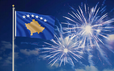 National flag independence state Kosovo, background fireworks. AI Generative
