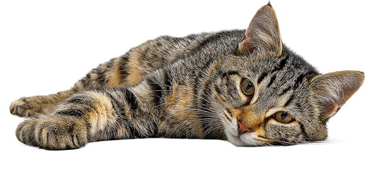 A brown tabby cat with yellow eyes is lying down and resting its head, isolated on transparent background