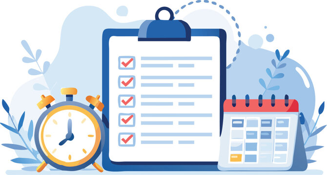 Illustration of a clipboard with checkmarks, a clock, and a calendar for scheduling tasks