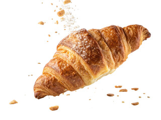 Golden brown croissant with crumbs falling isolated on transparent background