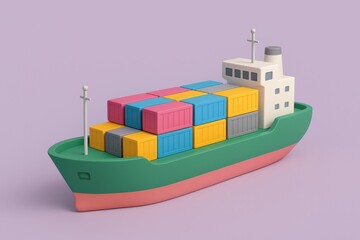 Vibrant Cargo Ship Sailing Smoothly Features colorful containers stacked securely, representing global trade and supply chain logistics with a playful modern aesthetic.