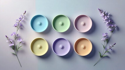 Pastel Colored Bowls Arranged with Delicate Purple Flowers creating a Soothing and Harmonious Visual Composition