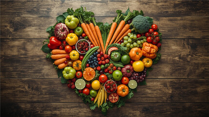 Heart-shaped arrangement of colorful fruits and vegetables on rustic wooden surface. Symbol of health, love, and nutrition.