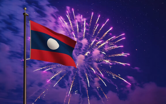 National flag independence state Laos, background fireworks. AI Generative