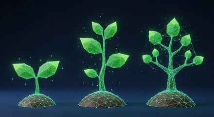 Three stages show green digital plants growing from small sprout to tree with soil