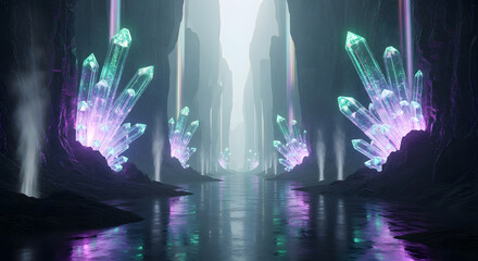 A magical canyon river illuminated by giant glowing crystal formations