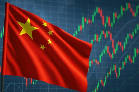 Waving China Flag Against Market Chart Visualizes financial trading and global market trends, showing opportunity and economic development.