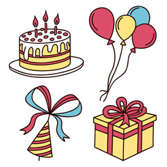 Illustration of a birthday cake with candles, balloons, a party hat and bow, and a wrapped gift box