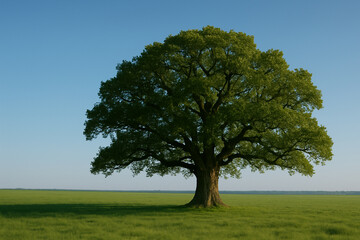 Solitary oak tree in an expansive green meadow, bathed in sunlight against a serene blue sky.