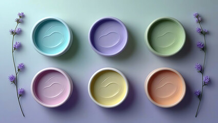 Pastel Colored Cosmetic Cream Containers with Lavender Sprigs on a Soft Blue and Purple Background