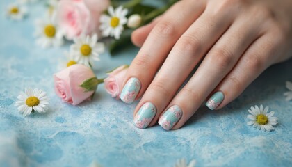 Fototapeta premium Delicate spring nail art intricate floral designs with pastel pink blossoms on serene blue backdrop. Features daisies, roses. Perfect for beauty, fashion, springtime themes, creativity, feminine
