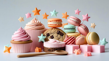 Pastel Colored Desserts Arrangement with Macarons Cupcakes and Cookie a Sweet Treat Collection