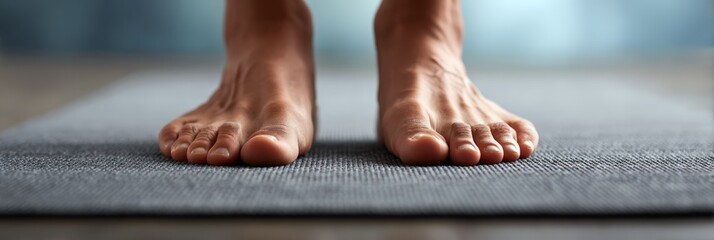 Bare feet resting firmly on a yoga mat, representing a dedication to wellness, mindfulness, and a healthy lifestyle through consistent practice and movement