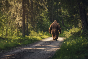Bigfoot Walking on a Forest Trail in Serene Woodlands