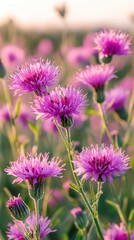Fototapeta premium A beautiful field of purple Common Knapweed flowers in the sun wildflowers background vibrant.