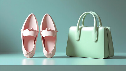 Pastel Fashion Still Life with Pink Ballet Flats and Mint Green Handbag on Teal Background Contemporary Style