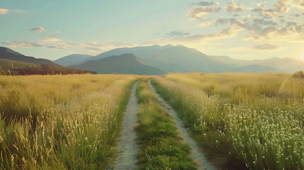 Road to Serenity: A sun-kissed trail meanders through a field of golden grass, drawing the eye towards majestic mountains under a bright, expansive sky.