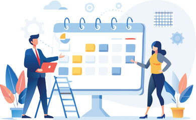 People planning on a large calendar with laptop and ladder in a business setting illustration