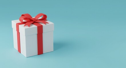 Gift box with red ribbon on blue background for celebration and special occasions, holidays and birthday