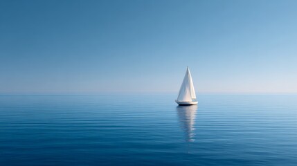 Obraz premium White sailboat with lowered sails is floating on calm blue sea reflecting clear blue sky, creating a serene and peaceful atmosphere perfect for watersports and leisure activities