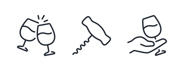 Wine glass, clink and corkscrew editable stroke outline icons set isolated on white background flat vector illustration. Pixel perfect. 64 x 64.	