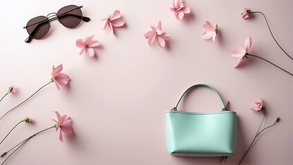 Pastel Pink Floral Arrangement with Turquoise Handbag and Stylish Sunglasses for Spring Fashion and Feminine Aesthetics