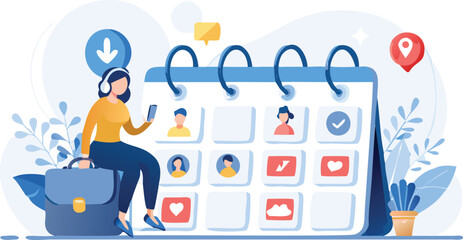 Woman with headphones sitting on briefcase beside calendar with icons and location pin for planning