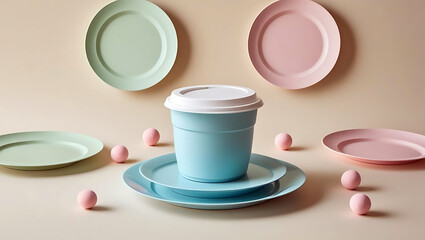 Pastel Colored Tableware Arrangement with Blue Cup Plates and Pink Spheres for a Modern Stylish Kitchen or Dining Room Display