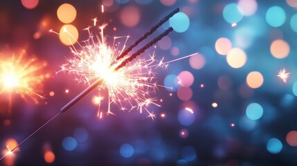 Obraz premium Two glowing sparklers light celebration background.