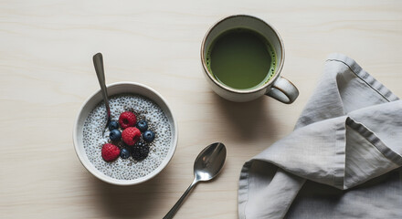 A flat lay of a healthy breakfast with chia seed pudding, fresh berries, and matcha tea