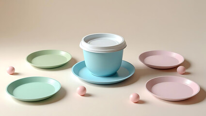Pastel tableware arrangement featuring a lidded bowl and plates creating a visually appealing aesthetic food presentation design and modern dining atmosphere