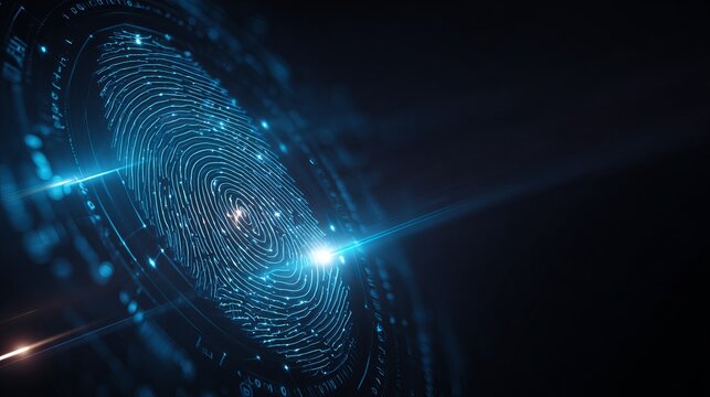 A digital fingerprint illuminated by blue light, symbolizing security and technology.