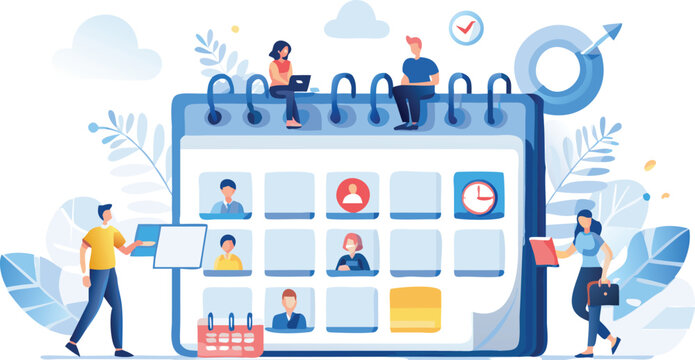 Illustration of a large calendar with people interacting with it and scheduling appointments