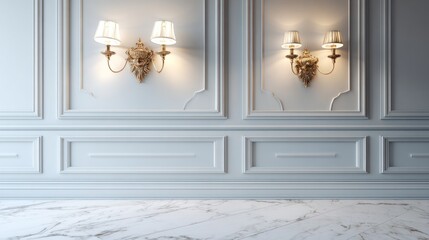 Elegant wall sconces in a light gray room with marble floor