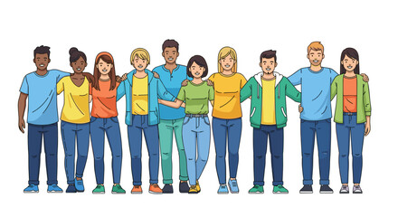 Fototapeta premium A diverse group of friends stand together, embracing each other, representing unity and support against a clean white background, conveying a sense of togetherness.
