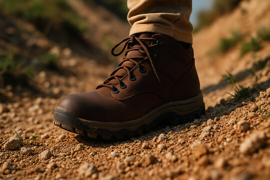 Close-up of brown hiking boot on rocky trail with blurred natural background