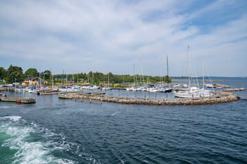 View from the back of the ferry to the Danish ferry and yacht harbor