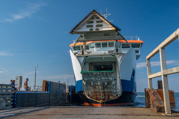 Danish ferry on its way to the quay with its bow open