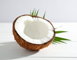 A coconut half with white pulp 