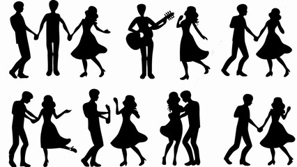Obraz premium Silhouettes of people dancing and playing guitar in various poses and arrangements on a white background