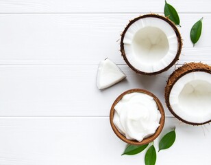 A coconut half with white pulp 