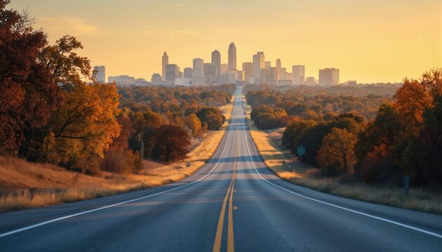Long road leads to Oklahoma City skyline during autumn sunset. Golden hour light illuminates vibrant fall foliage and trees lining the highway. Urban landscape perspective of downtown architecture.