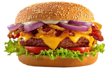 Delicious cheeseburger with bacon and onion rings gourmet burger food photography close up shot isolated on transparent background.