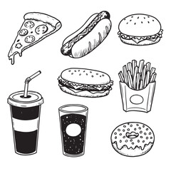 Hand drawn fast food assortment pizza hamburger hotdog soda fries and donut in grayscale