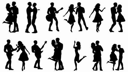 Silhouette illustrations depicting couples dancing and playing musical instruments in various romantic poses