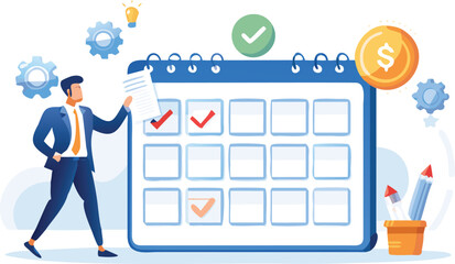 Man in suit stands by calendar with checkmarks, gears, lightbulb, and dollar coin illustration © VECTORIXX