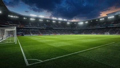 Fototapeta premium Soccer stadium at twilight, floodlit pitch with green grass. Huge grandstands filled with fans. Architectural marvel, venue for pro games and championships. Clean lines, bright illumination.