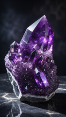 A striking cluster of shiny amethyst crystals with rich purple tones, sharp facets, and a white rocky base